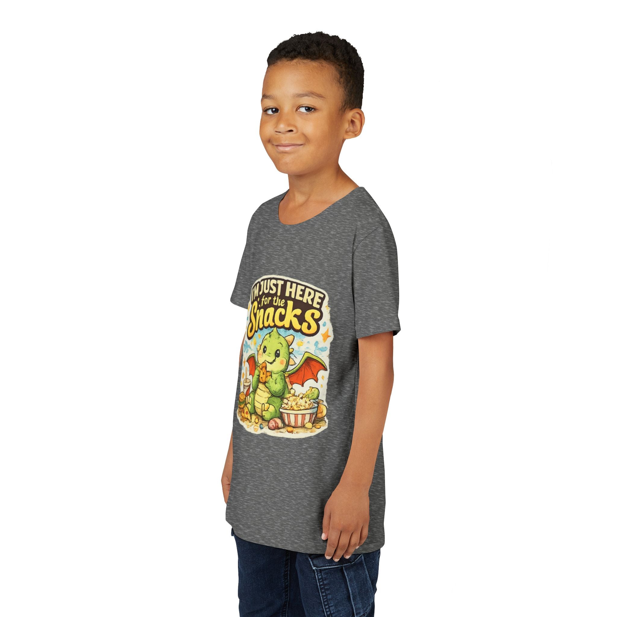 Kids Tee — Cute Dragon “I’m Just Here for the Snacks” Graphic T-Shirt