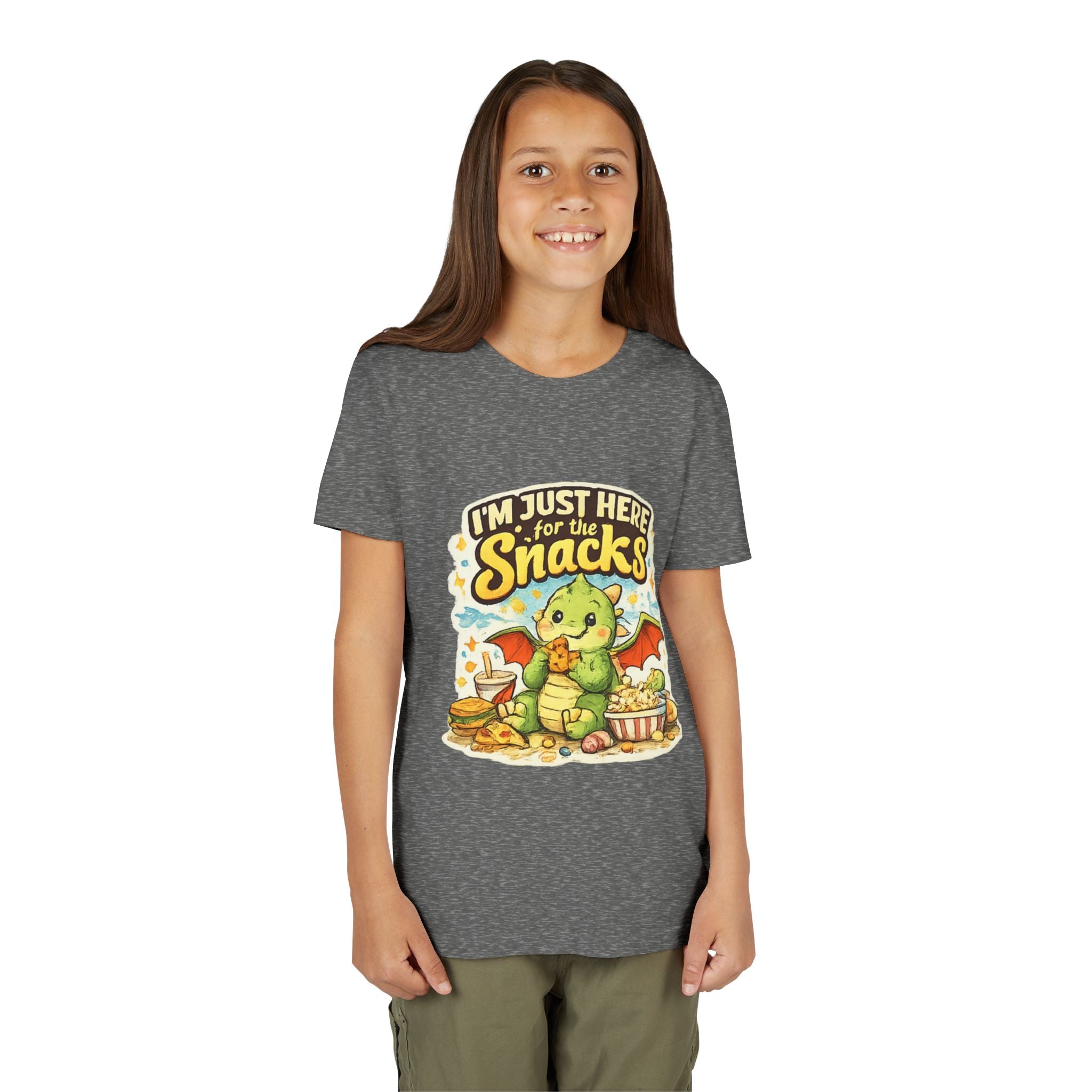 Kids Tee — Cute Dragon “I’m Just Here for the Snacks” Graphic T-Shirt
