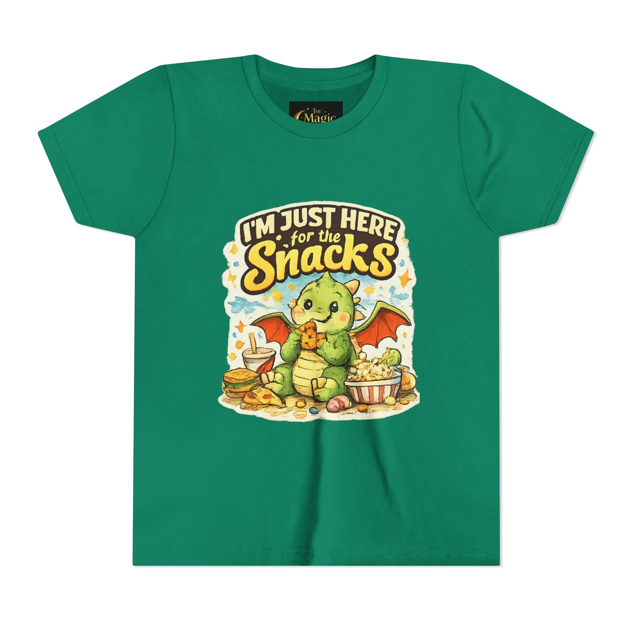 Kids Tee — Cute Dragon “I’m Just Here for the Snacks” Graphic T-Shirt