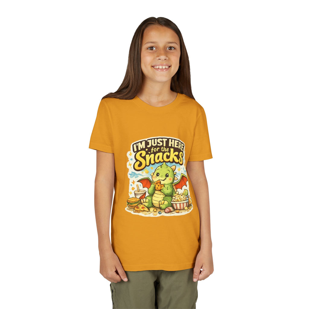 Kids Tee — Cute Dragon “I’m Just Here for the Snacks” Graphic T-Shirt