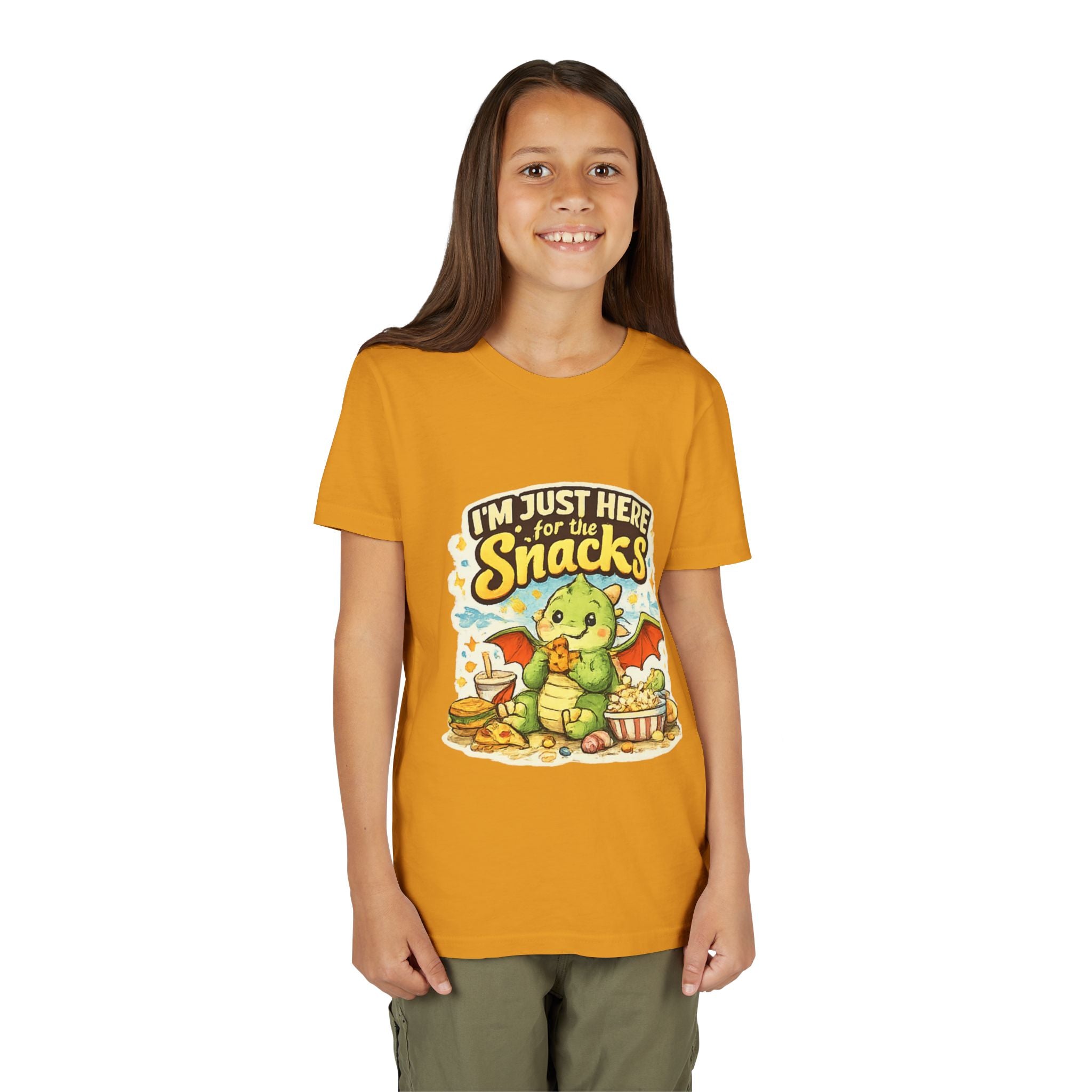 Kids Tee — Cute Dragon “I’m Just Here for the Snacks” Graphic T-Shirt