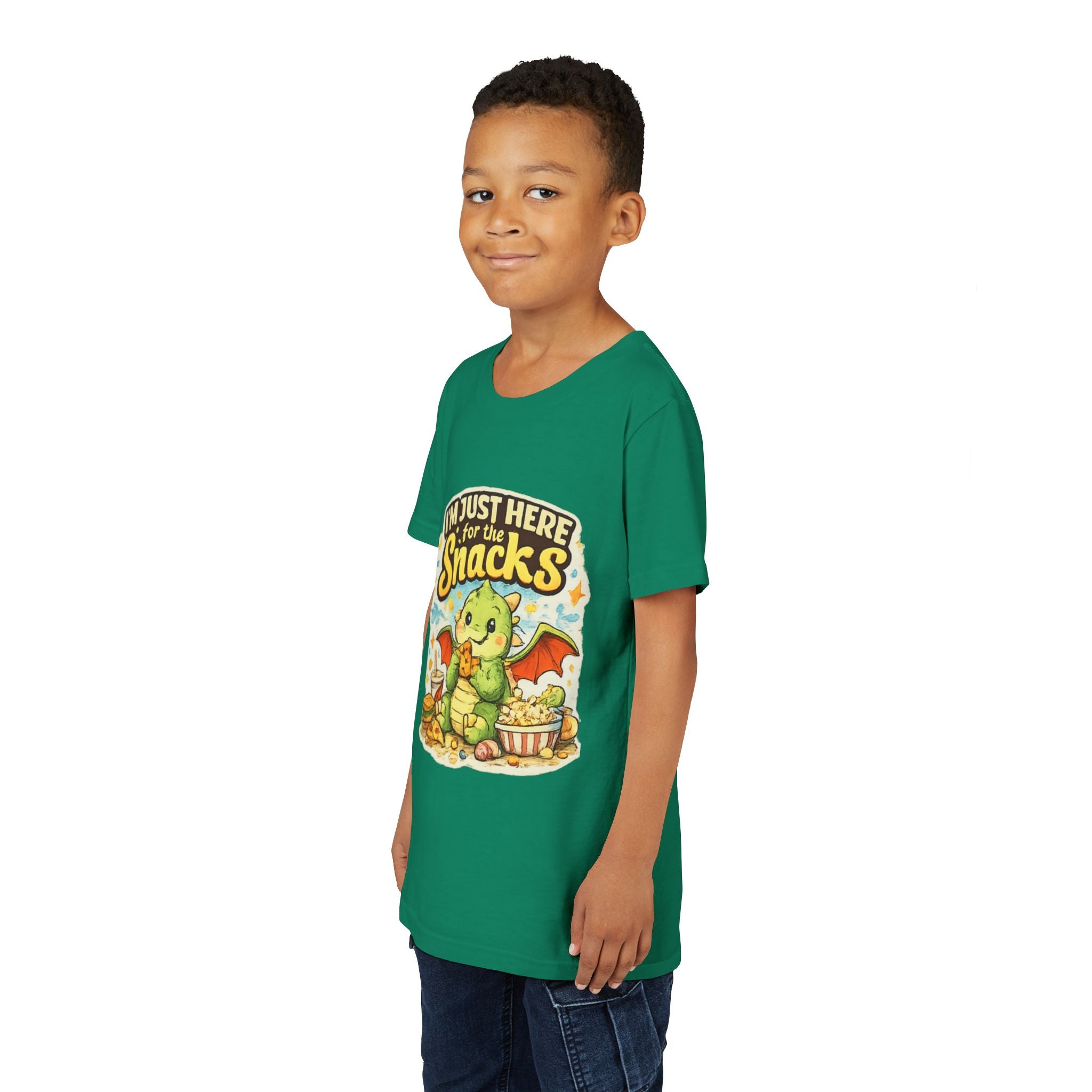 Kids Tee — Cute Dragon “I’m Just Here for the Snacks” Graphic T-Shirt