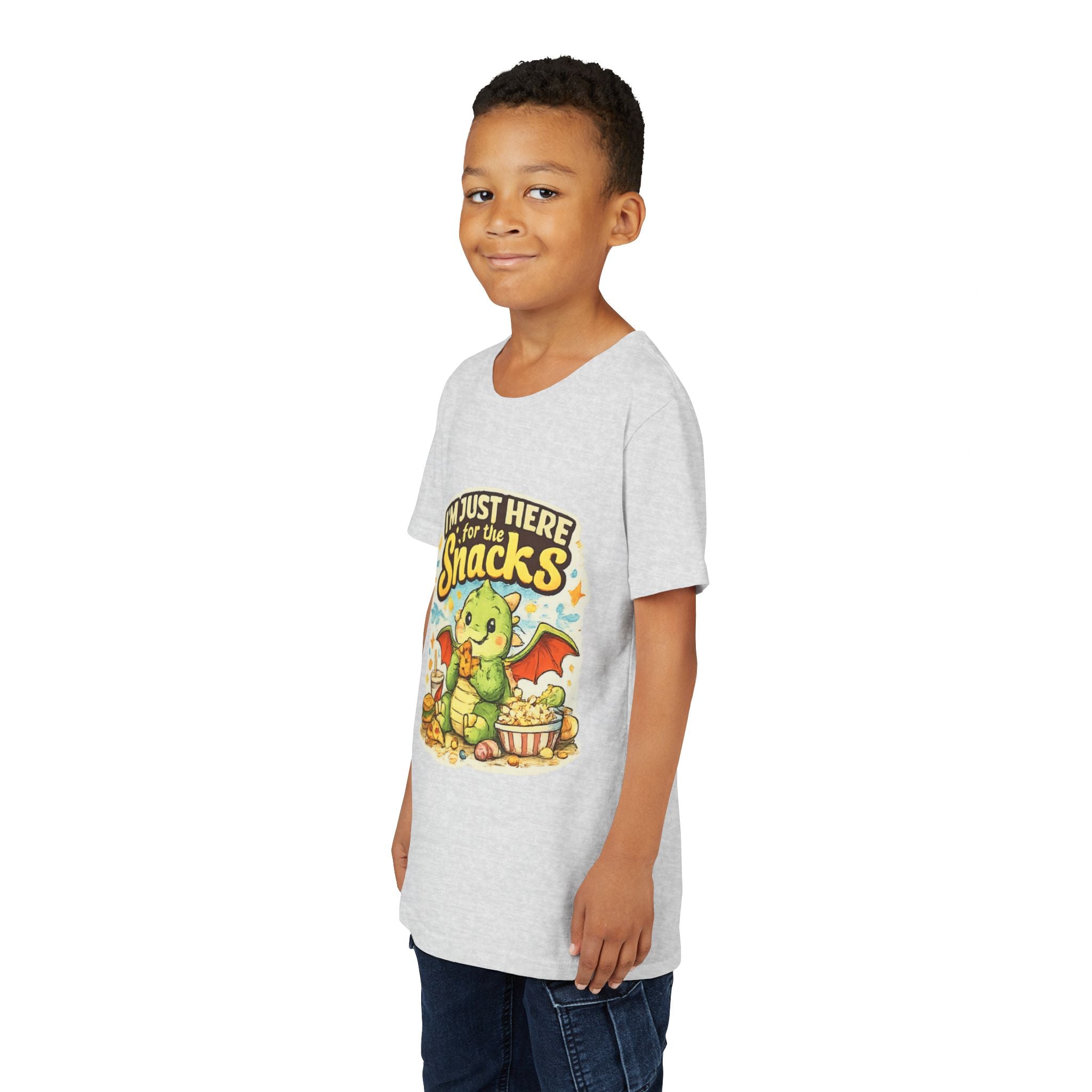 Kids Tee — Cute Dragon “I’m Just Here for the Snacks” Graphic T-Shirt