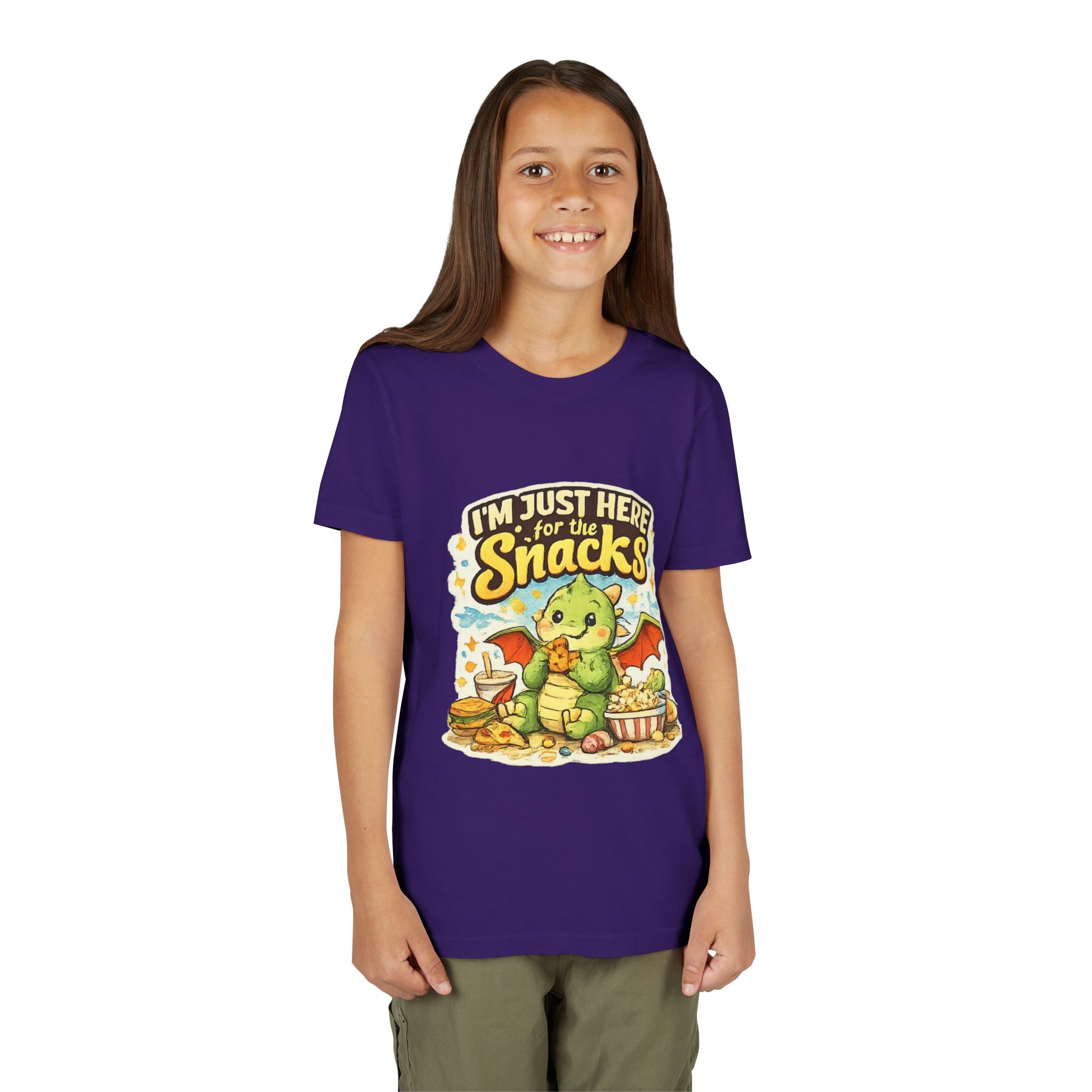 Kids Tee — Cute Dragon “I’m Just Here for the Snacks” Graphic T-Shirt
