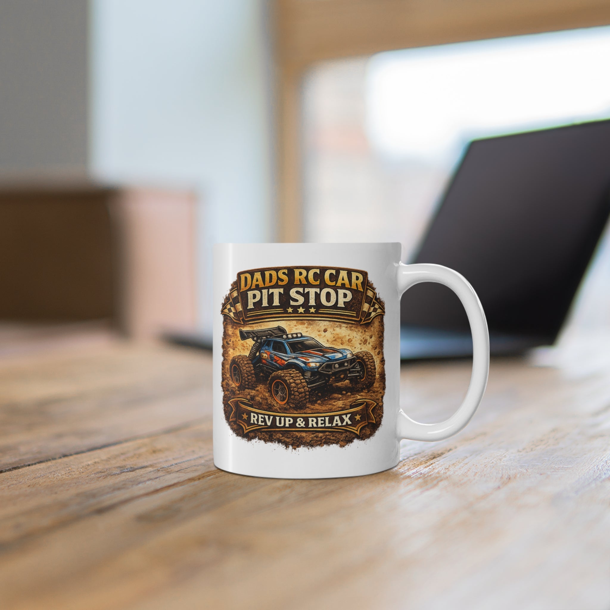 RC Car Mug – “Dad’s RC Car Pit Stop” 11oz Coffee Cup (Rev Up & Relax)