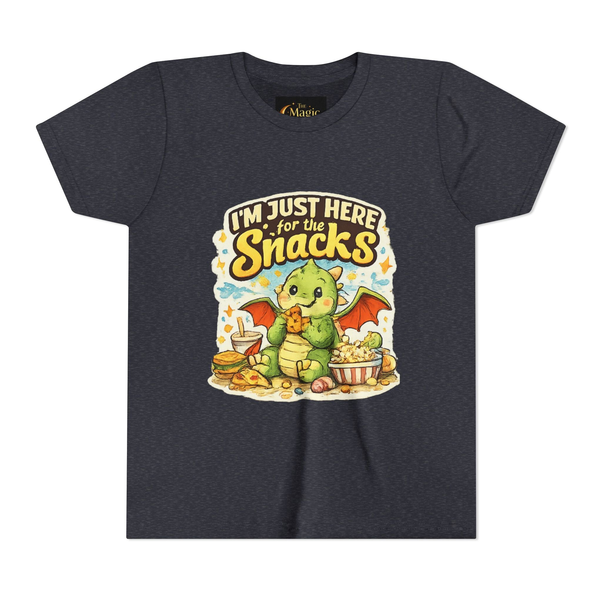 Kids Tee — Cute Dragon “I’m Just Here for the Snacks” Graphic T-Shirt