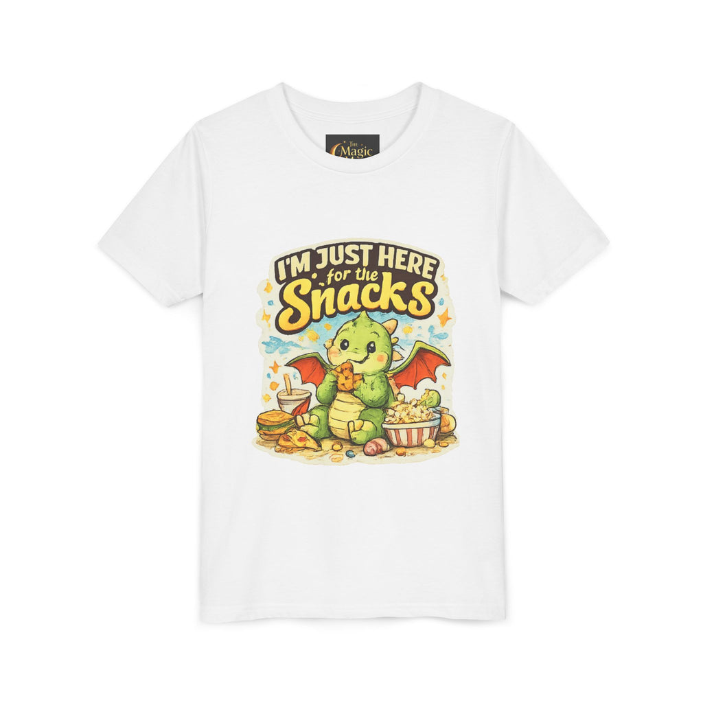 Kids Tee — Cute Dragon “I’m Just Here for the Snacks” Graphic T-Shirt