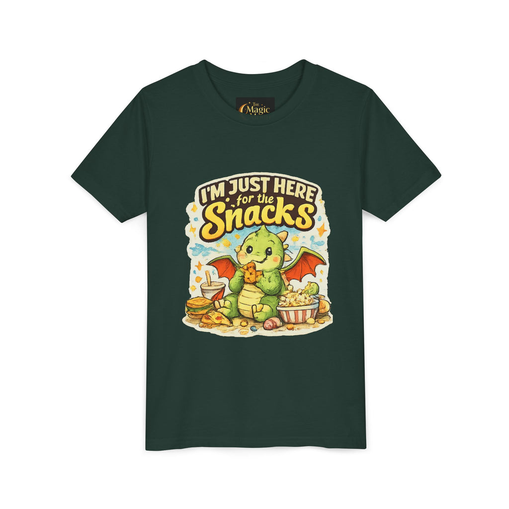 Kids Tee — Cute Dragon “I’m Just Here for the Snacks” Graphic T-Shirt