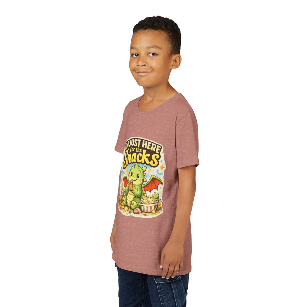 Kids Tee — Cute Dragon “I’m Just Here for the Snacks” Graphic T-Shirt