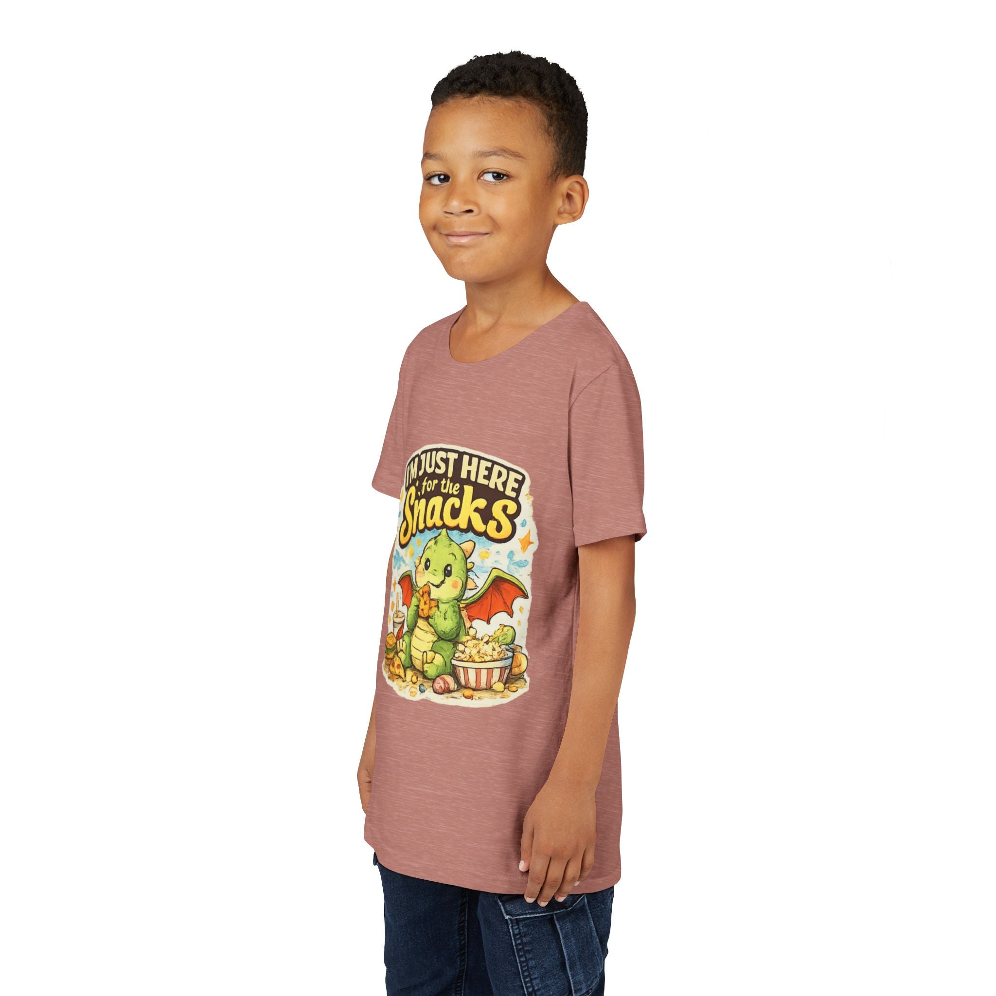 Kids Tee — Cute Dragon “I’m Just Here for the Snacks” Graphic T-Shirt