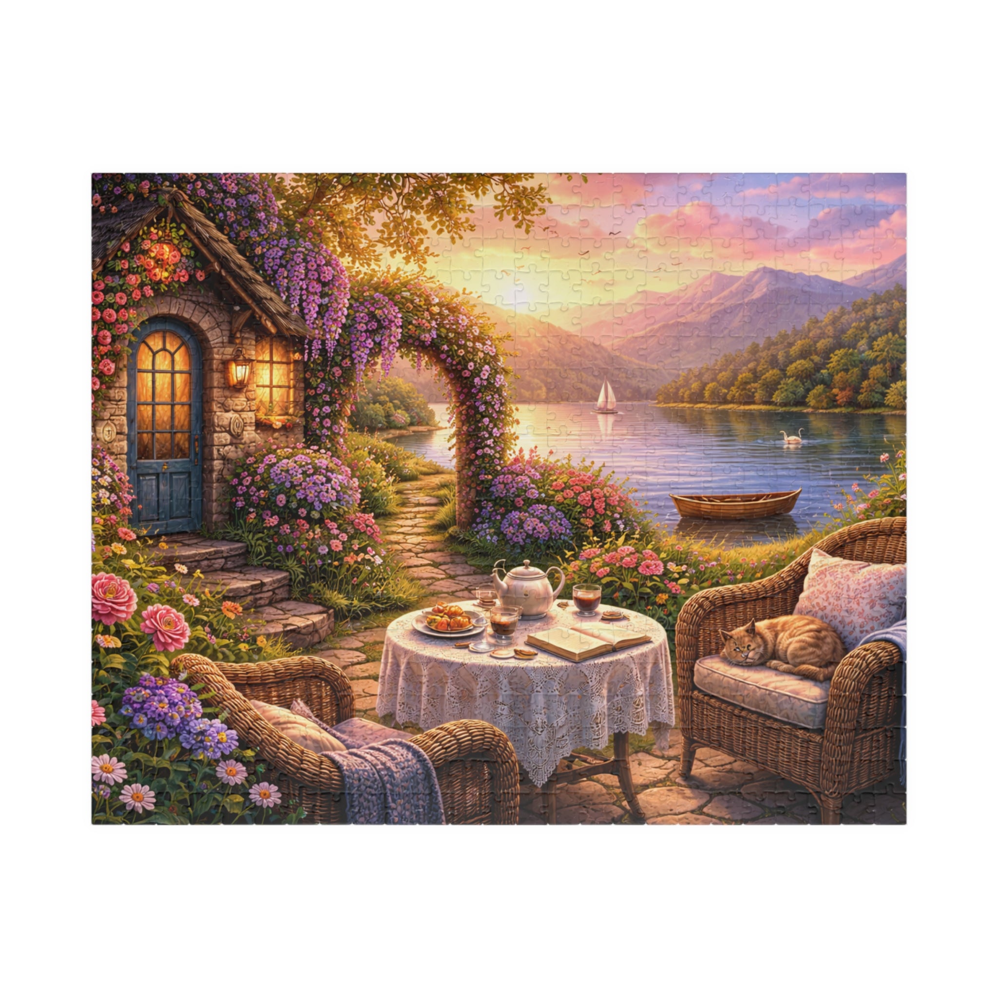 Scenic Lakeside Cottage Puzzle — Tranquil Tea Time 110–1014 Piece Jigsaw