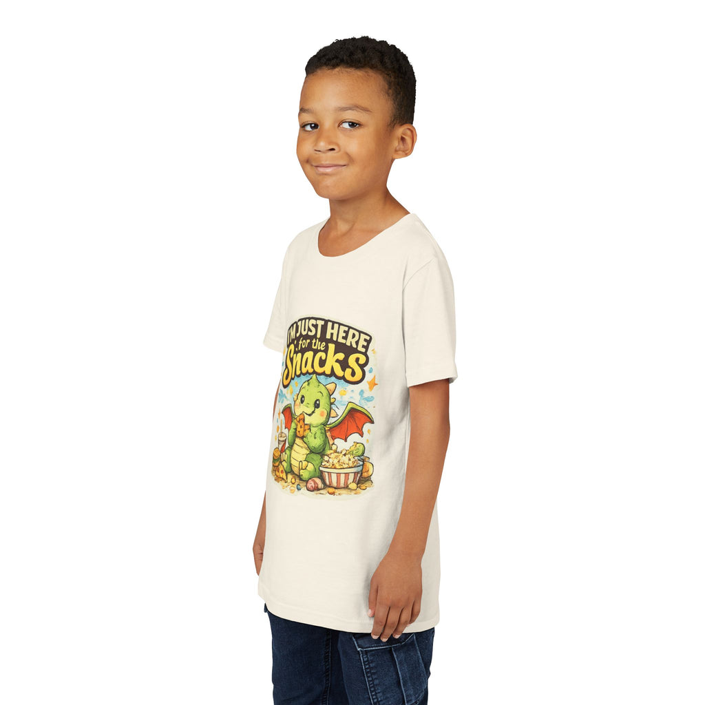 Kids Tee — Cute Dragon “I’m Just Here for the Snacks” Graphic T-Shirt