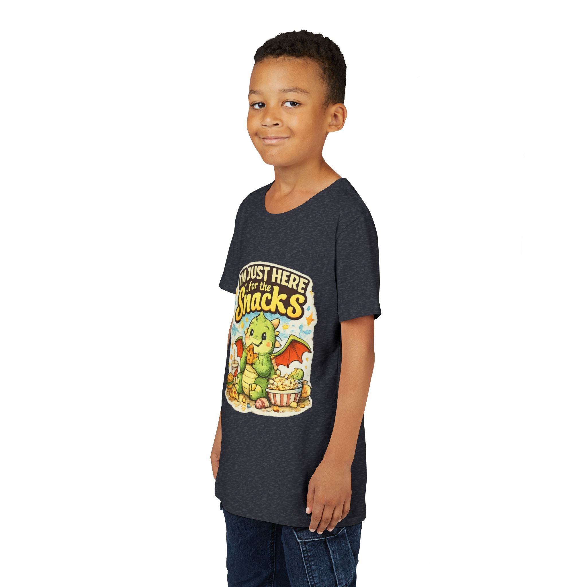 Kids Tee — Cute Dragon “I’m Just Here for the Snacks” Graphic T-Shirt