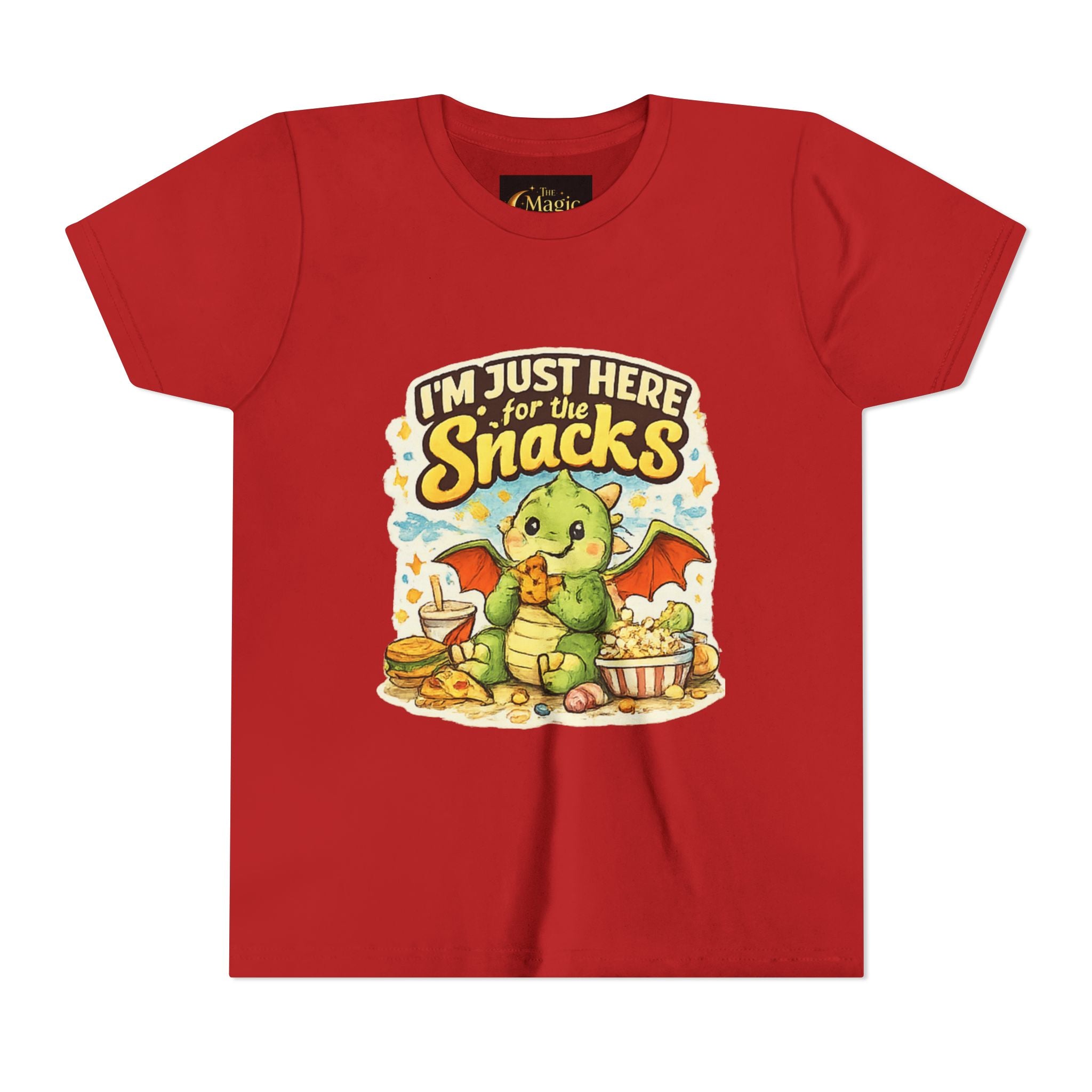 Kids Tee — Cute Dragon “I’m Just Here for the Snacks” Graphic T-Shirt
