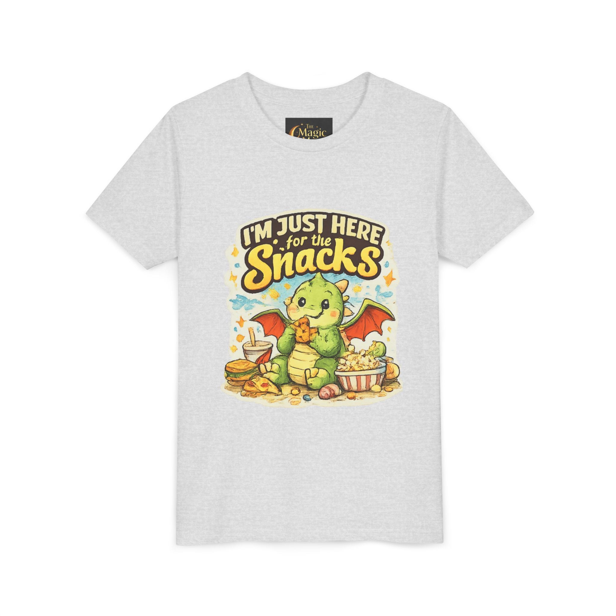 Kids Tee — Cute Dragon “I’m Just Here for the Snacks” Graphic T-Shirt