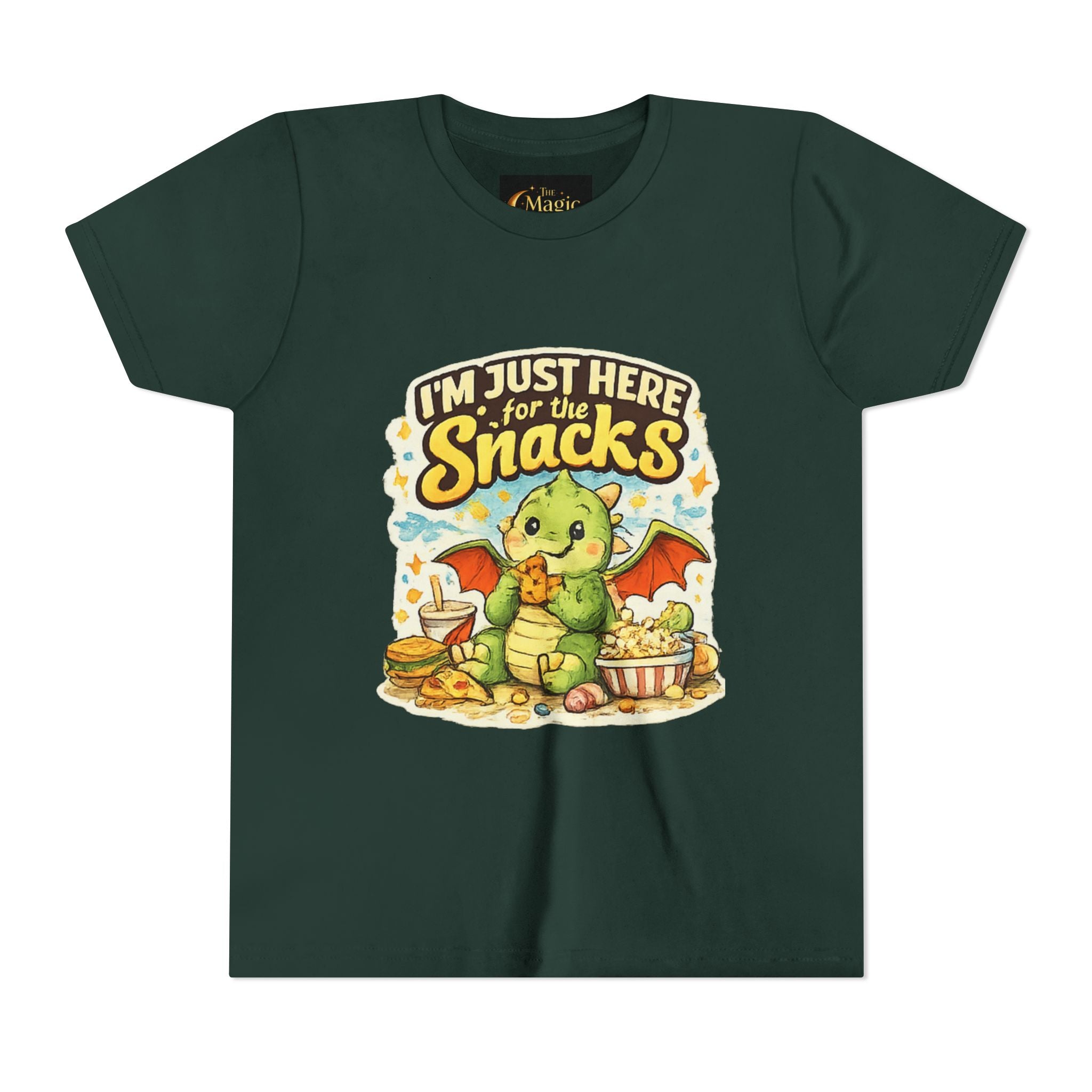 Kids Tee — Cute Dragon “I’m Just Here for the Snacks” Graphic T-Shirt