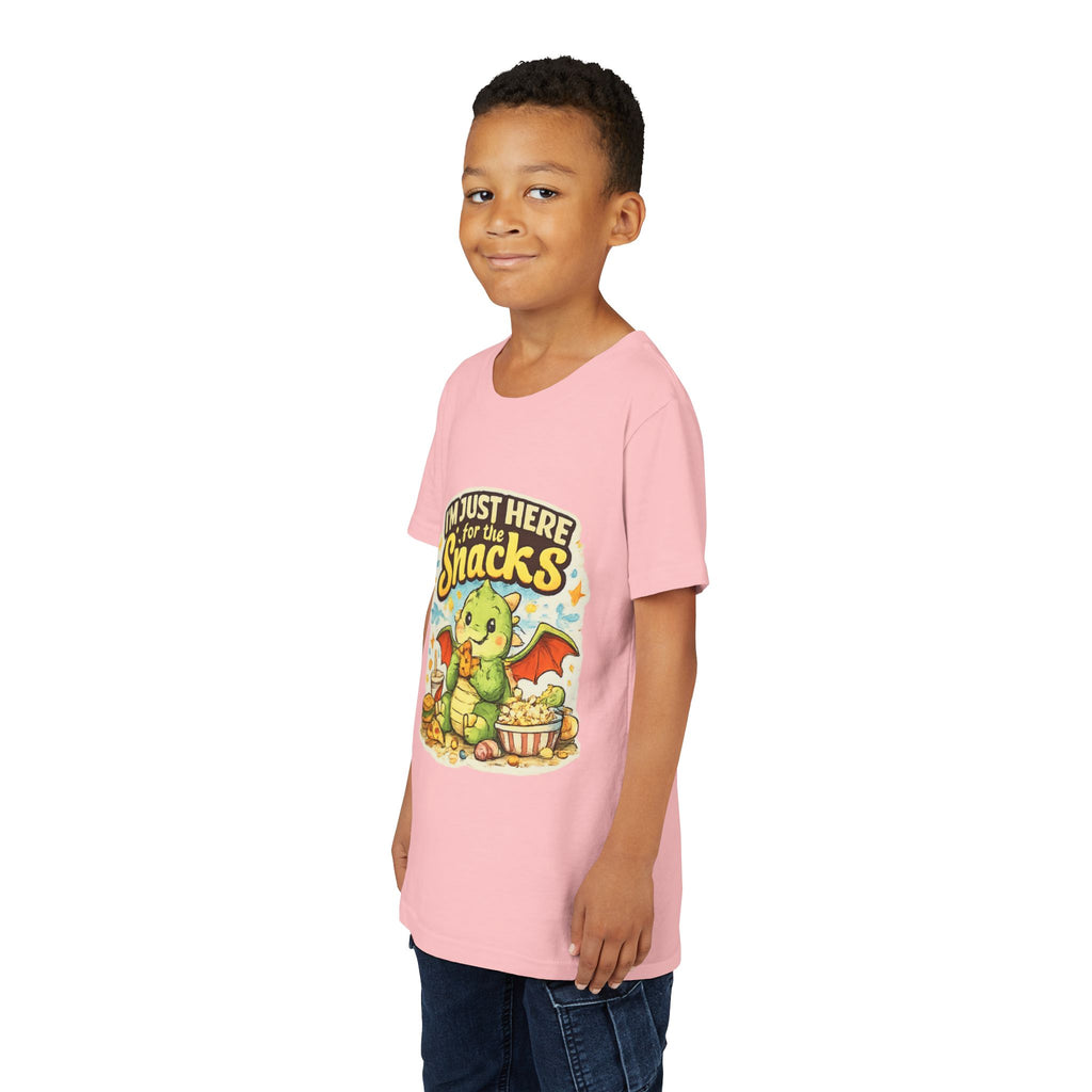 Kids Tee — Cute Dragon “I’m Just Here for the Snacks” Graphic T-Shirt