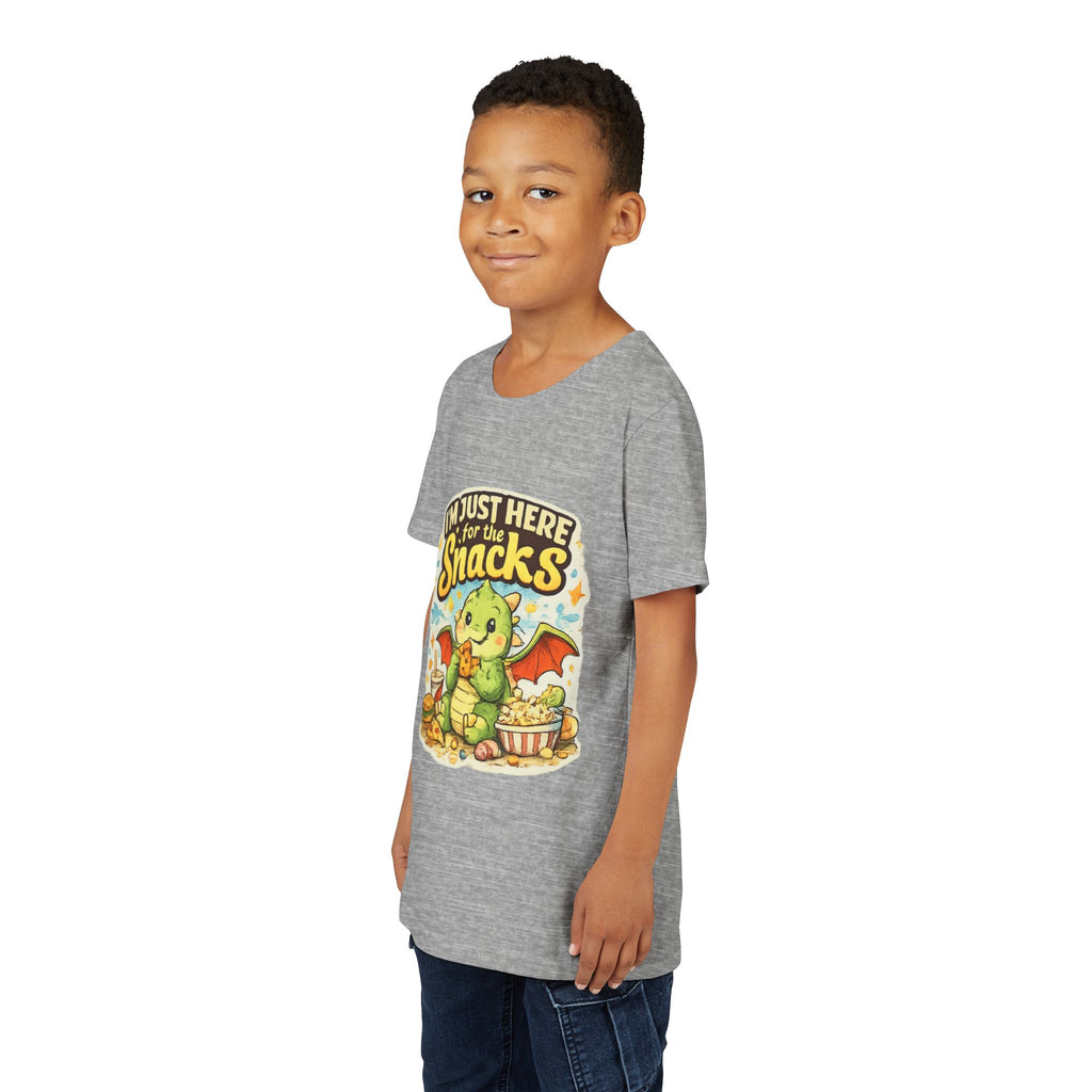 Kids Tee — Cute Dragon “I’m Just Here for the Snacks” Graphic T-Shirt
