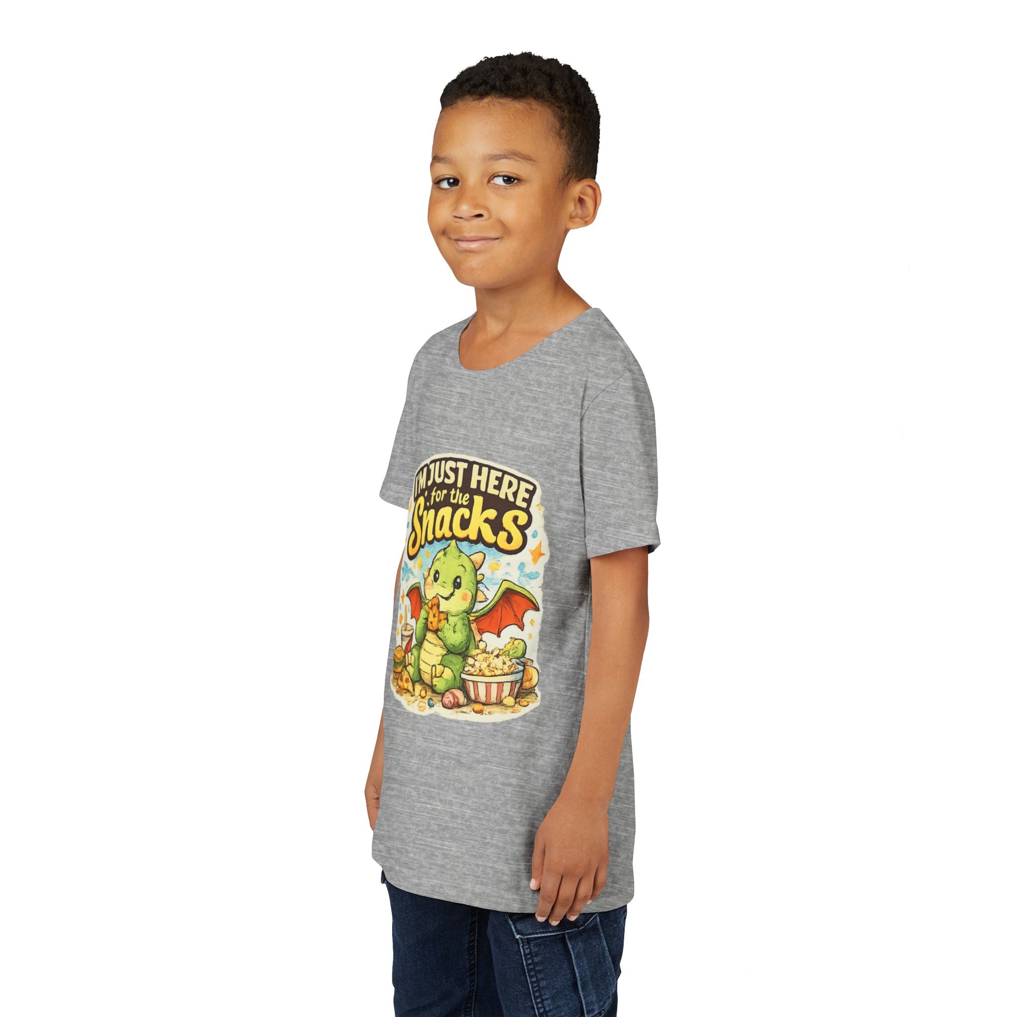 Kids Tee — Cute Dragon “I’m Just Here for the Snacks” Graphic T-Shirt