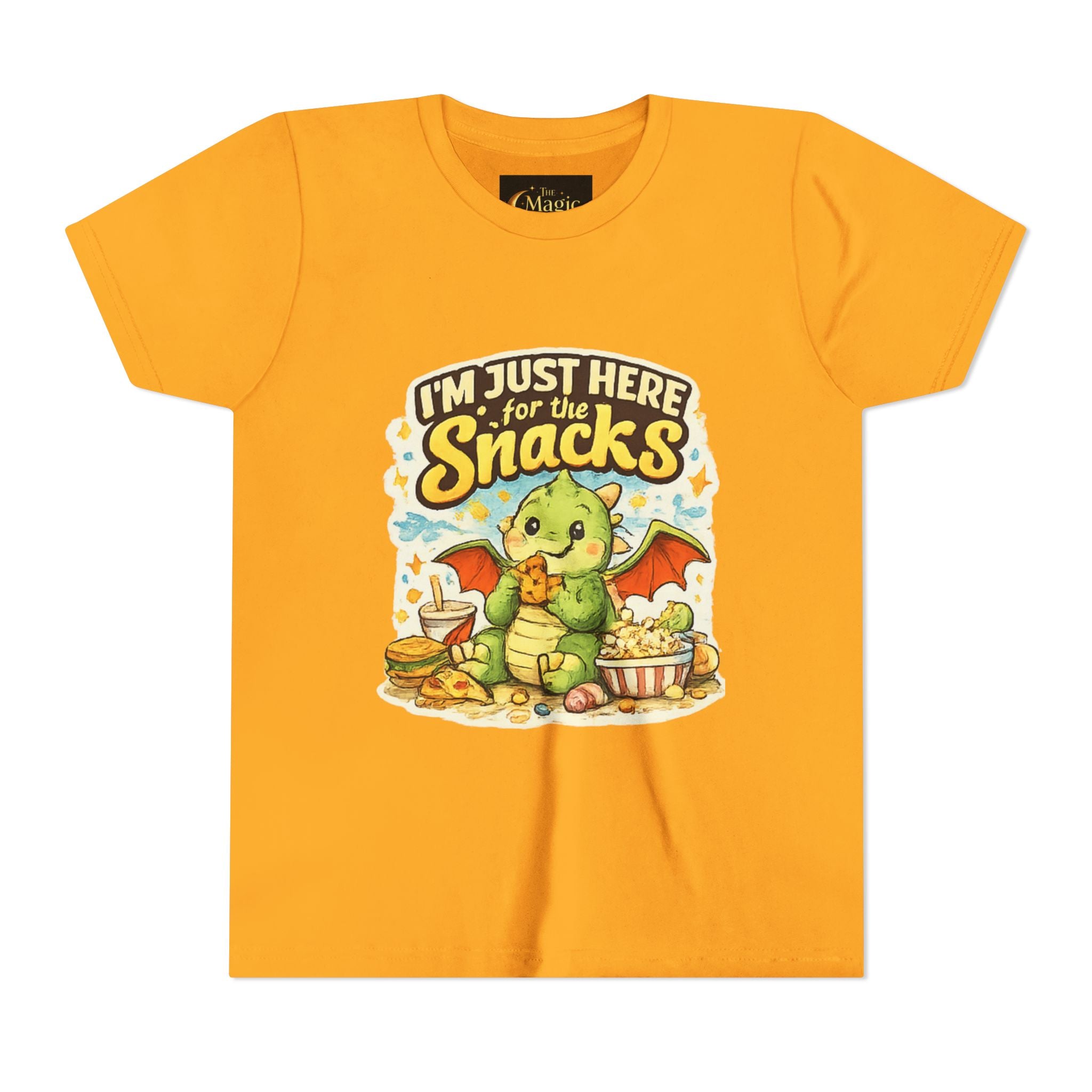 Kids Tee — Cute Dragon “I’m Just Here for the Snacks” Graphic T-Shirt
