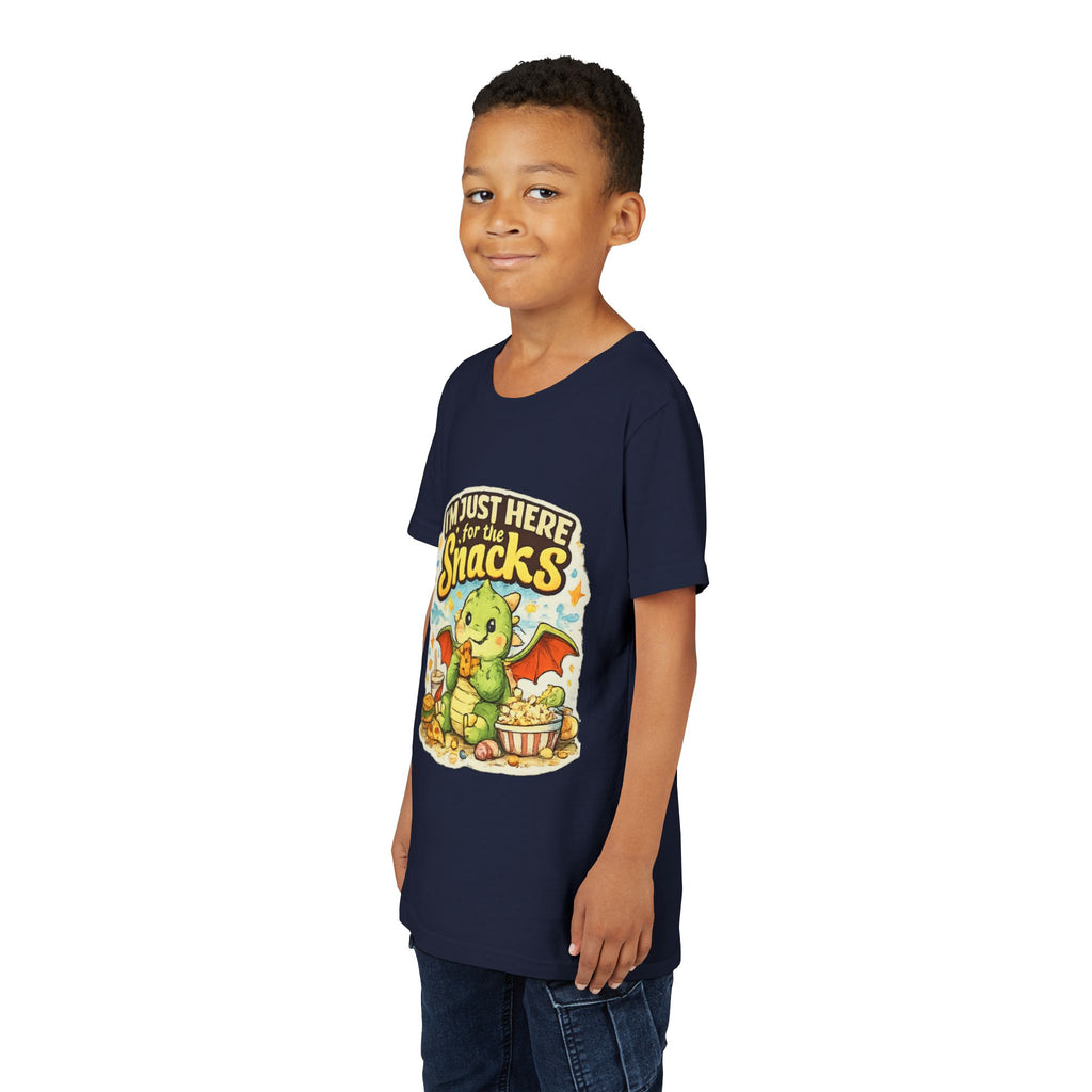 Kids Tee — Cute Dragon “I’m Just Here for the Snacks” Graphic T-Shirt