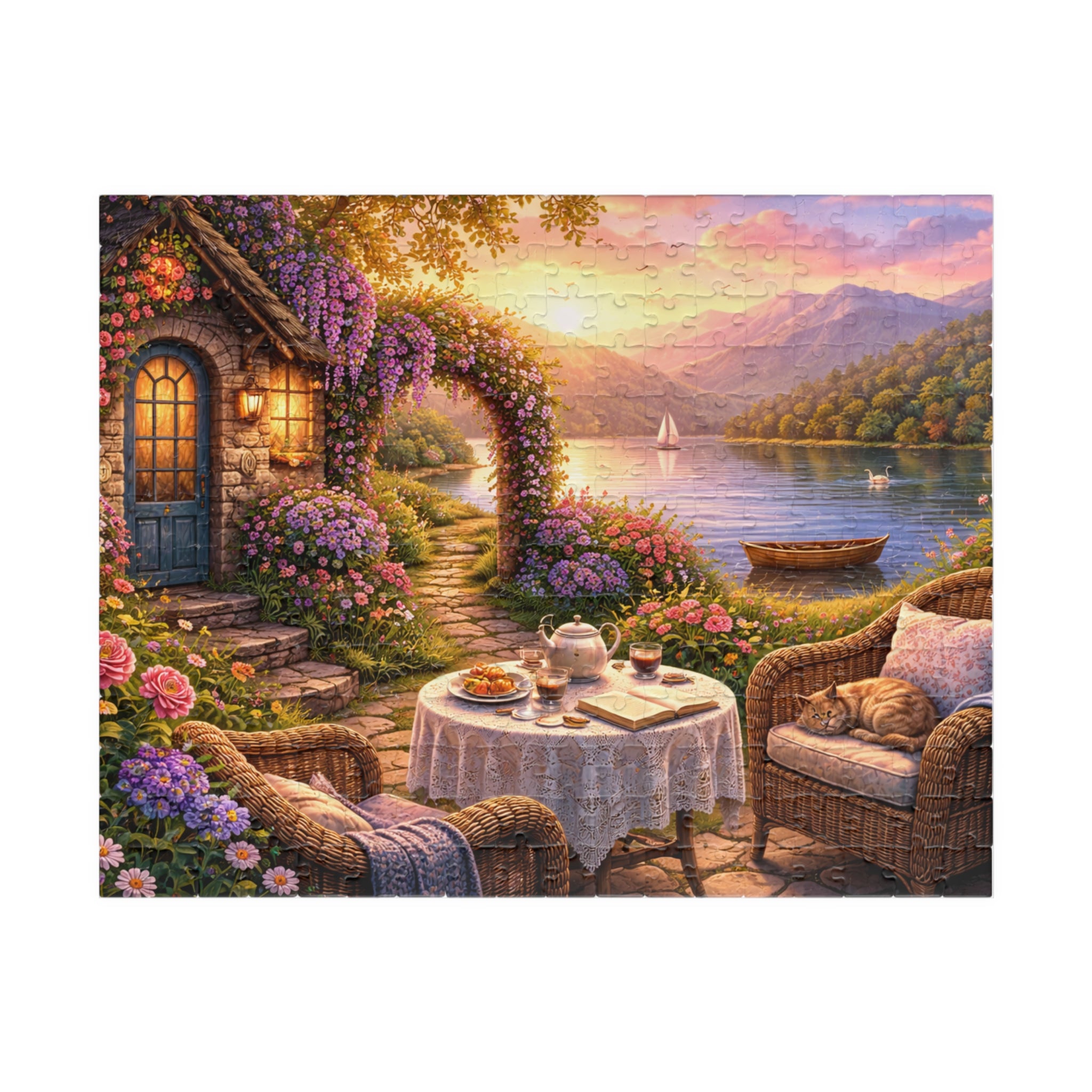 Scenic Lakeside Cottage Puzzle — Tranquil Tea Time 110–1014 Piece Jigsaw