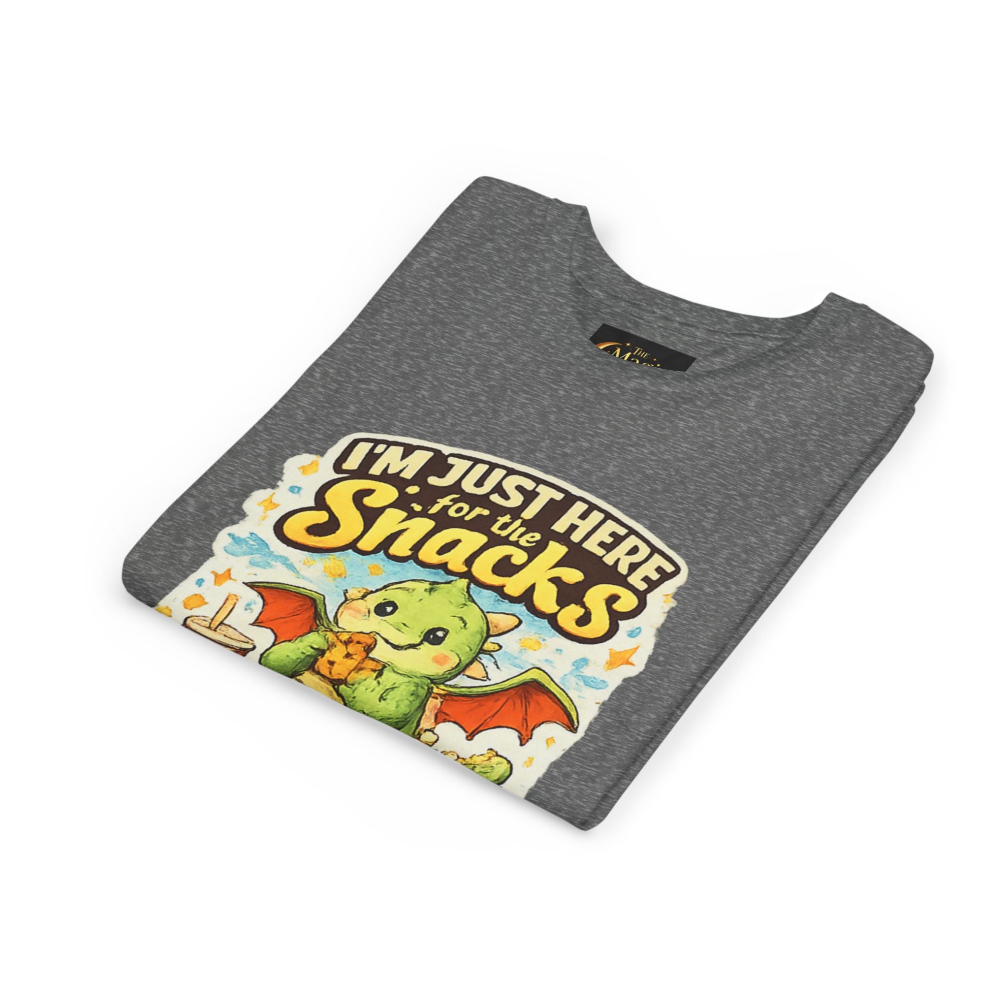 Kids Tee — Cute Dragon “I’m Just Here for the Snacks” Graphic T-Shirt