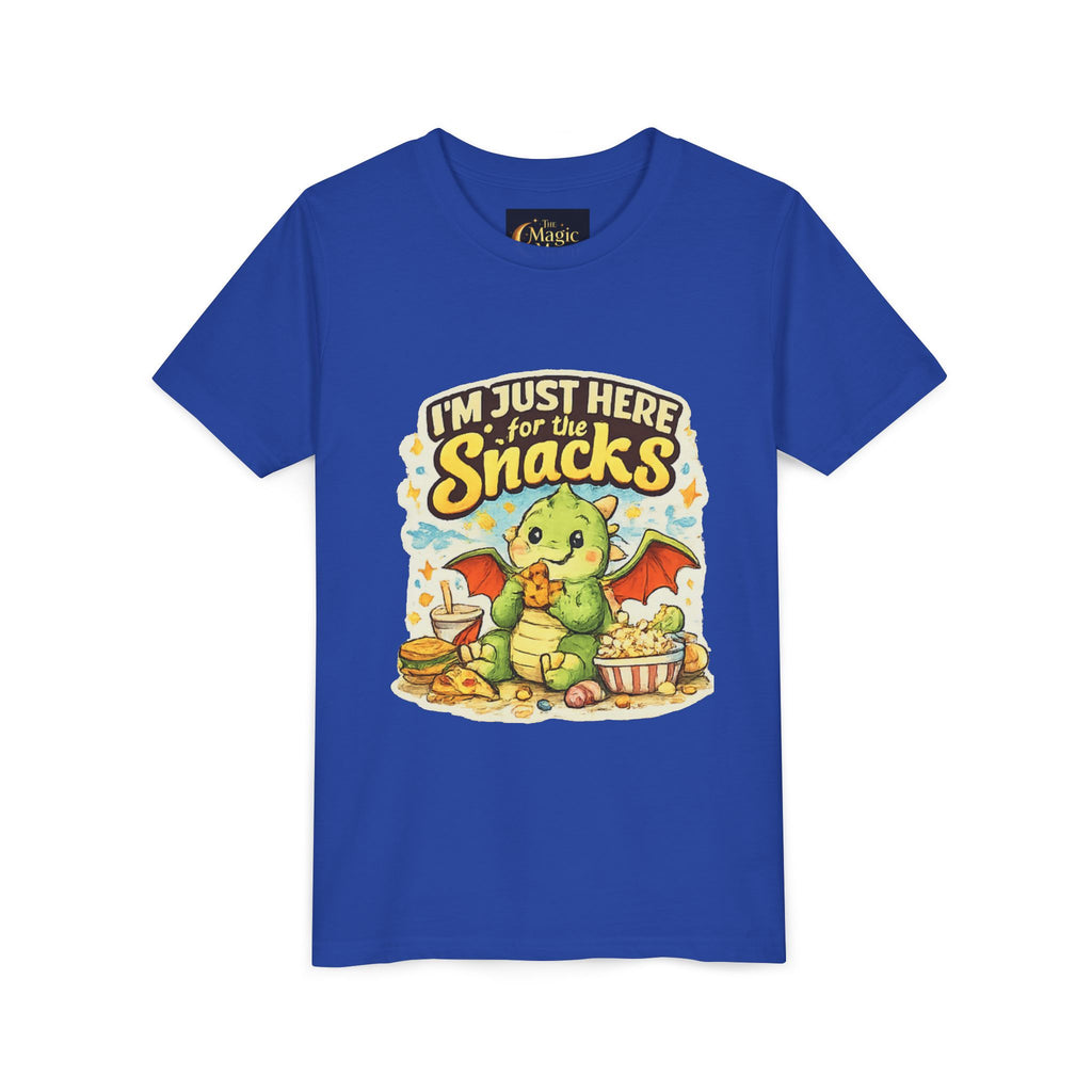 Kids Tee — Cute Dragon “I’m Just Here for the Snacks” Graphic T-Shirt
