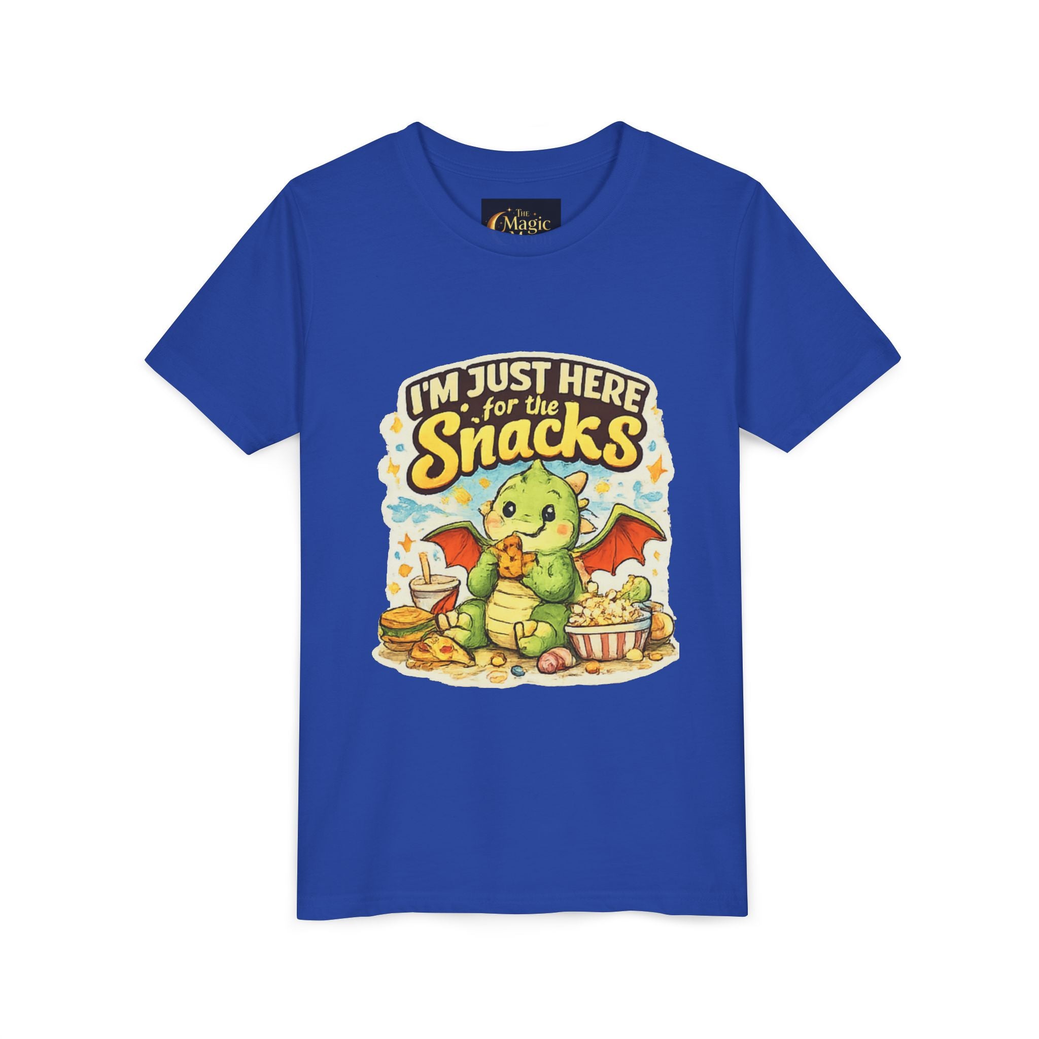 Kids Tee — Cute Dragon “I’m Just Here for the Snacks” Graphic T-Shirt