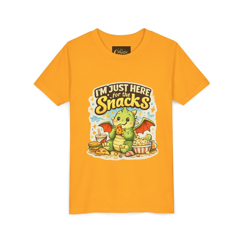 Kids Tee — Cute Dragon “I’m Just Here for the Snacks” Graphic T-Shirt