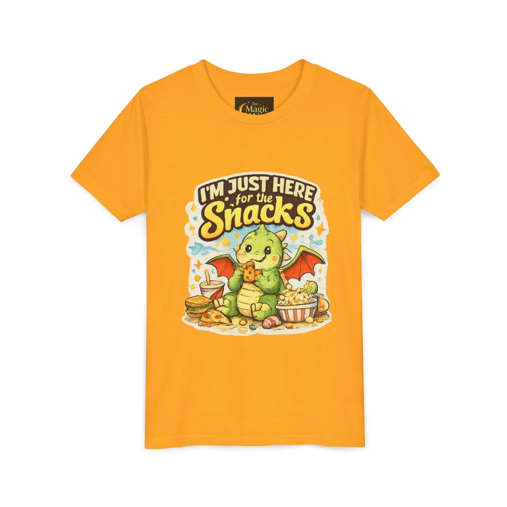 Kids Tee — Cute Dragon “I’m Just Here for the Snacks” Graphic T-Shirt
