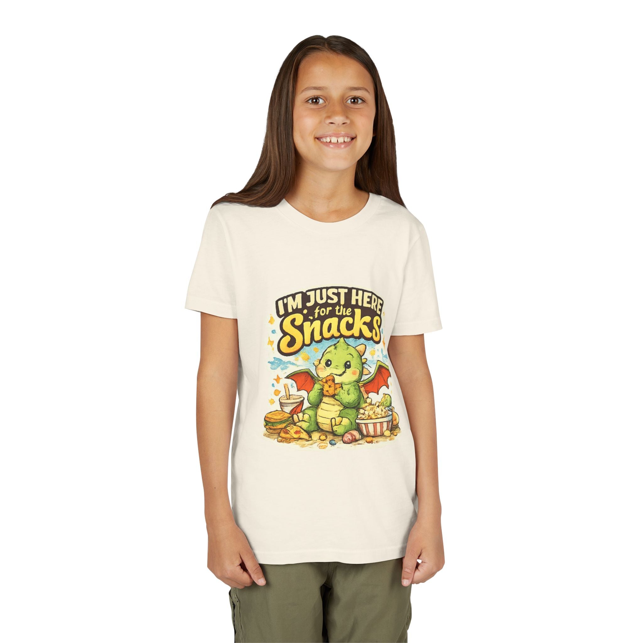 Kids Tee — Cute Dragon “I’m Just Here for the Snacks” Graphic T-Shirt