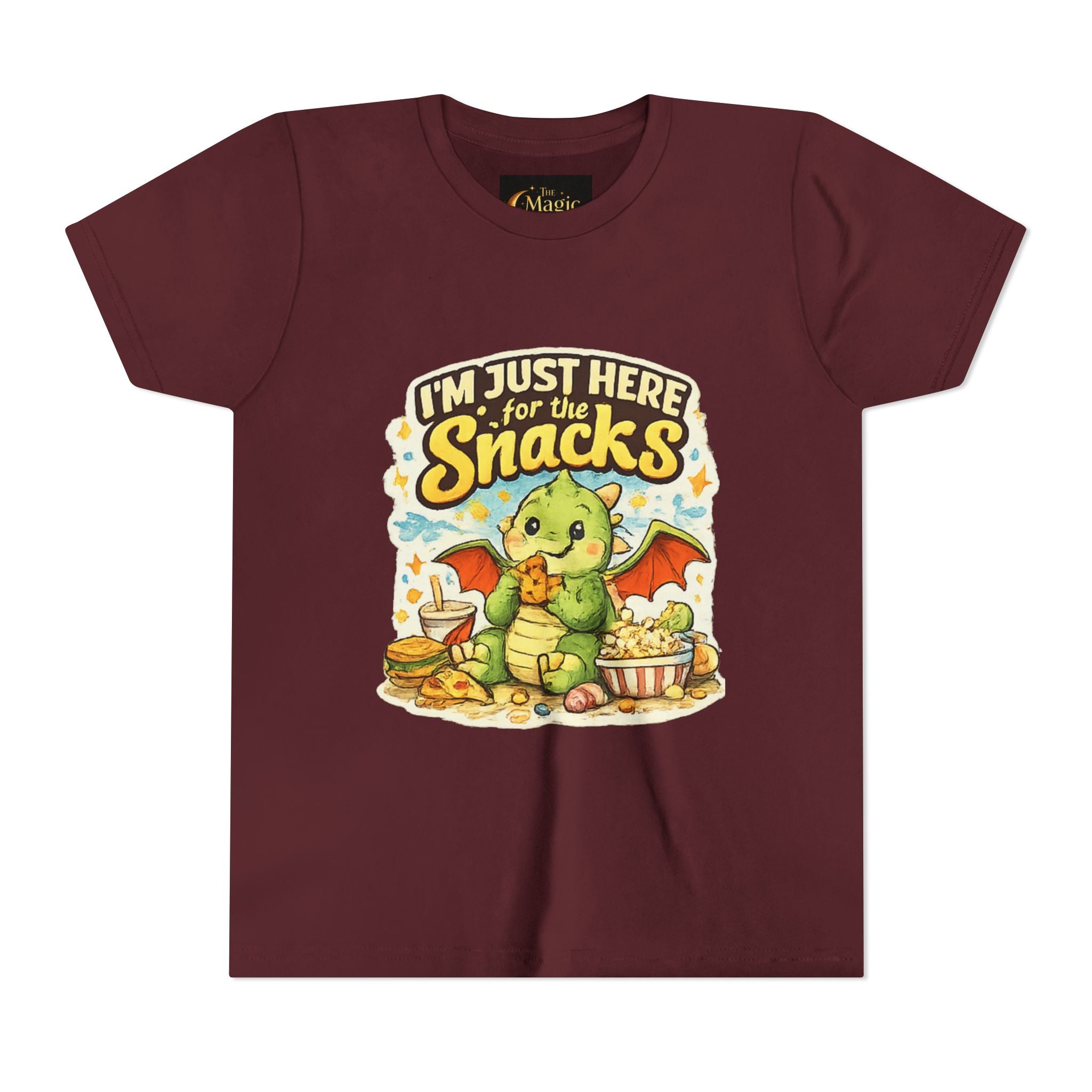 Kids Tee — Cute Dragon “I’m Just Here for the Snacks” Graphic T-Shirt