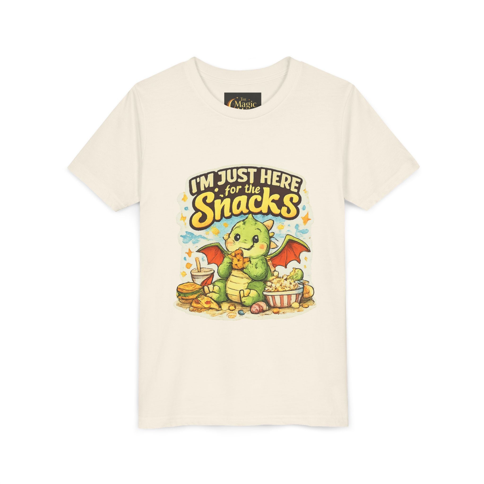 Kids Tee — Cute Dragon “I’m Just Here for the Snacks” Graphic T-Shirt