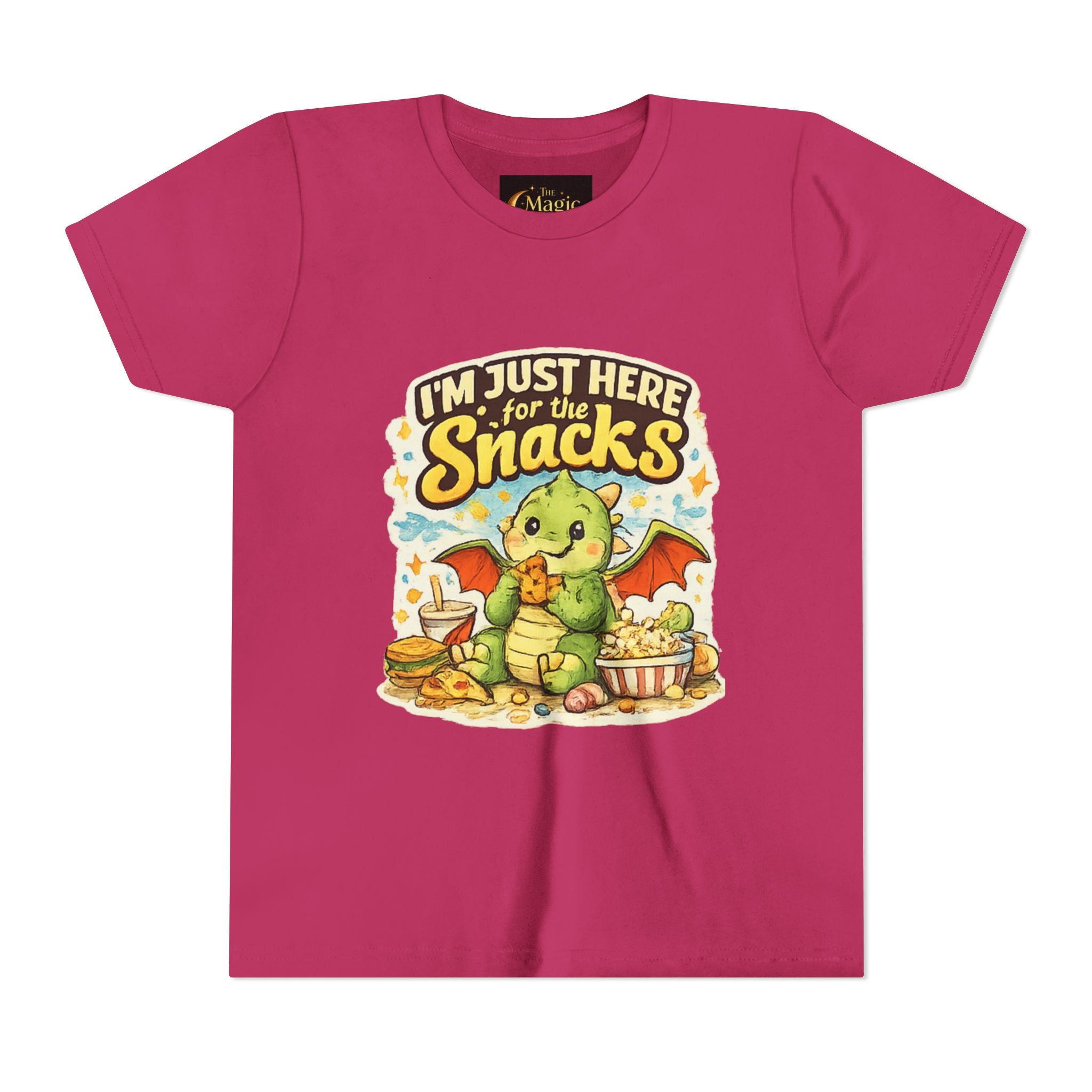 Kids Tee — Cute Dragon “I’m Just Here for the Snacks” Graphic T-Shirt
