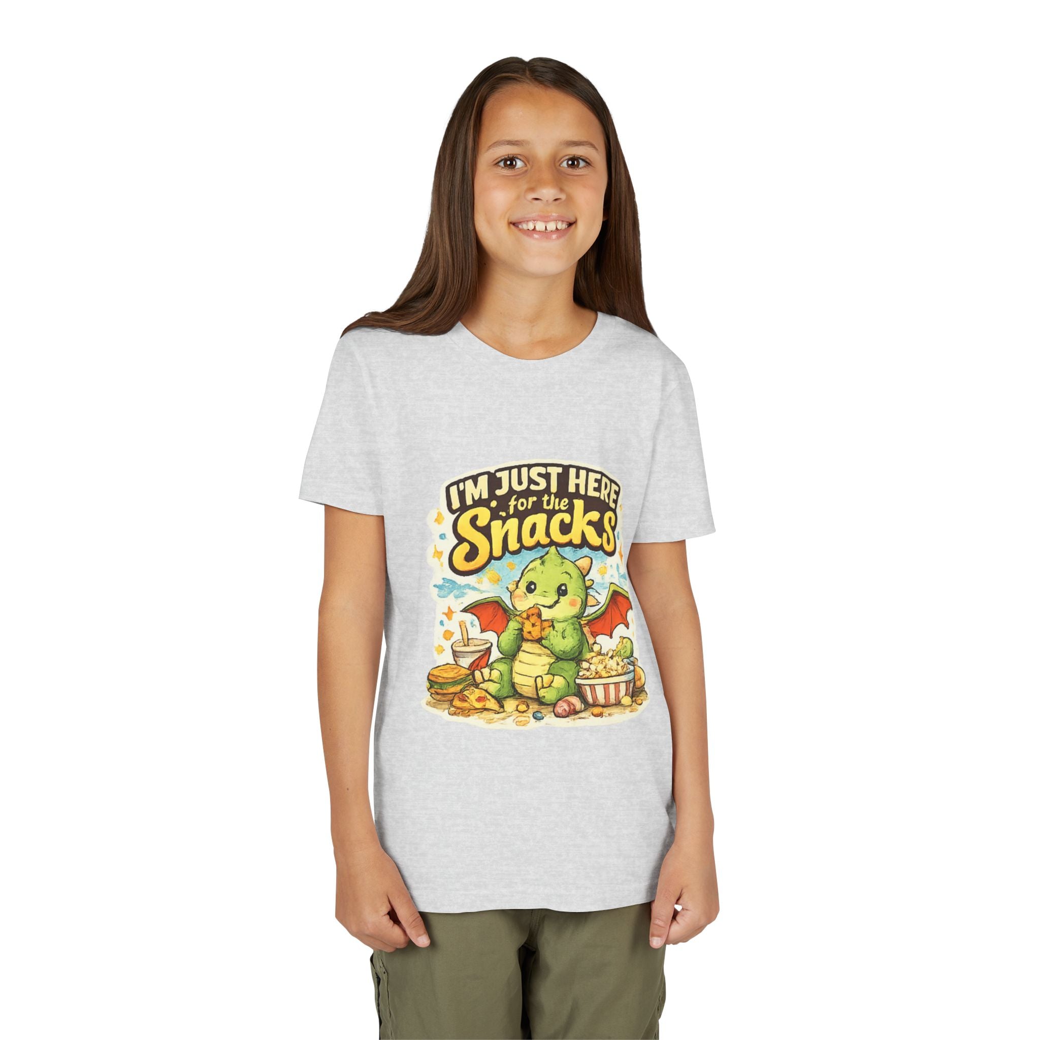 Kids Tee — Cute Dragon “I’m Just Here for the Snacks” Graphic T-Shirt