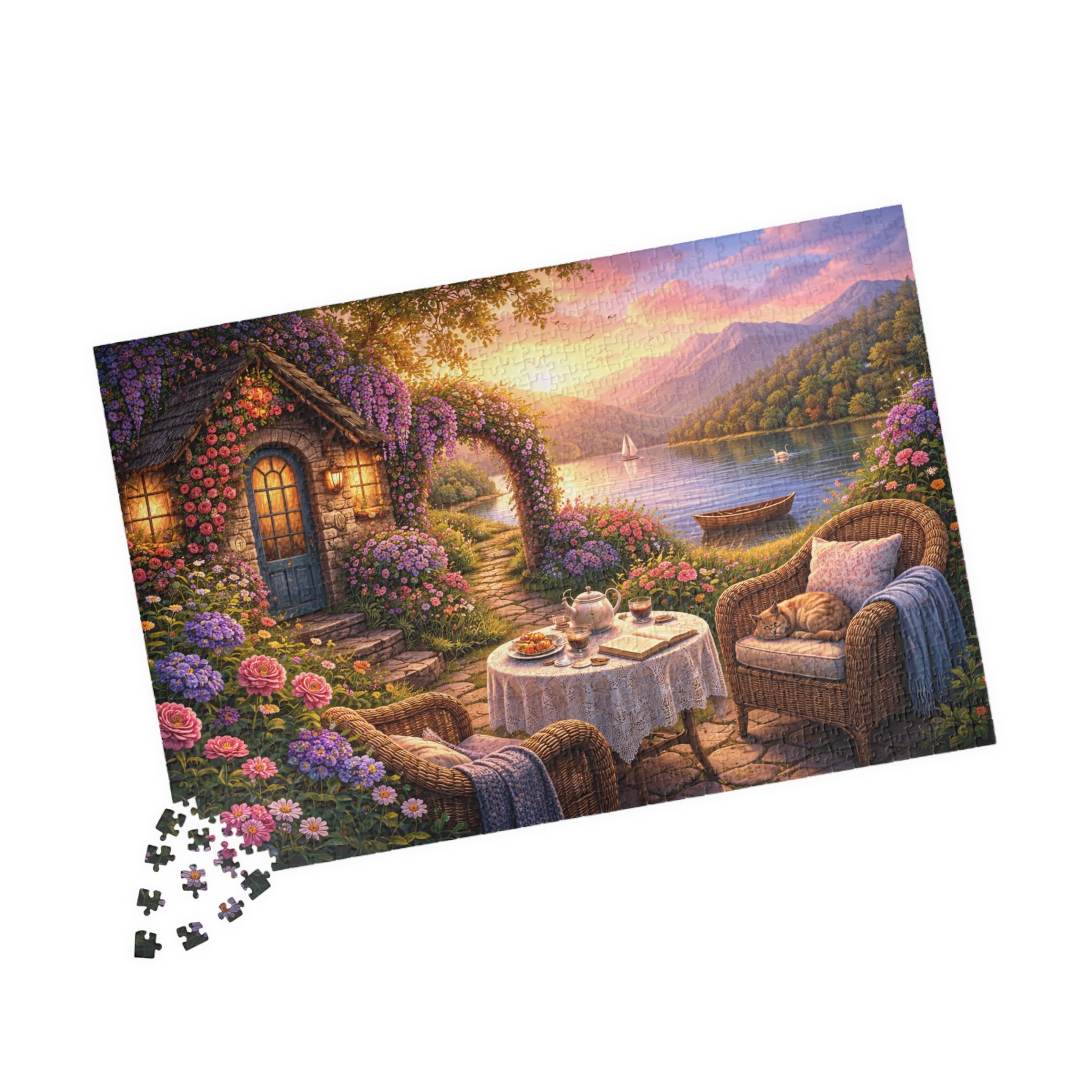 Scenic Lakeside Cottage Puzzle — Tranquil Tea Time 110–1014 Piece Jigsaw